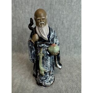 VTG Chinese Shiwan Mudman Shou Lao Figurine God of Longevity 9in Blue White